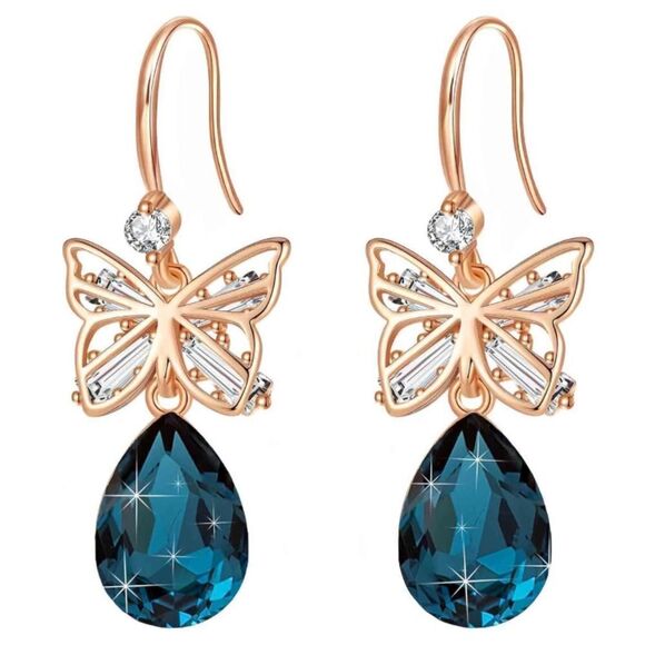 BijouStudios Earrings Jewelry - 14K Rose Gold and London Blue Topaz Austrian Crystal Butterfly Teardrop Earrings